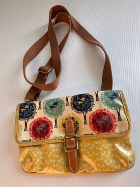 Vintage Fossil Crossbody Purse Keyper Bird Print Yellow & Multicolor Boho